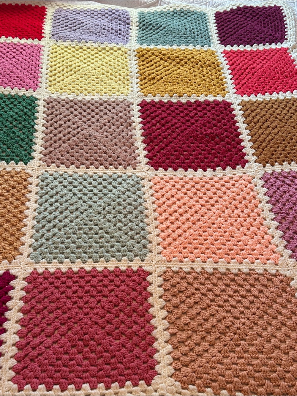 Handmade Multicolor Crochet Granny Square Throw Blanket with Cream Border